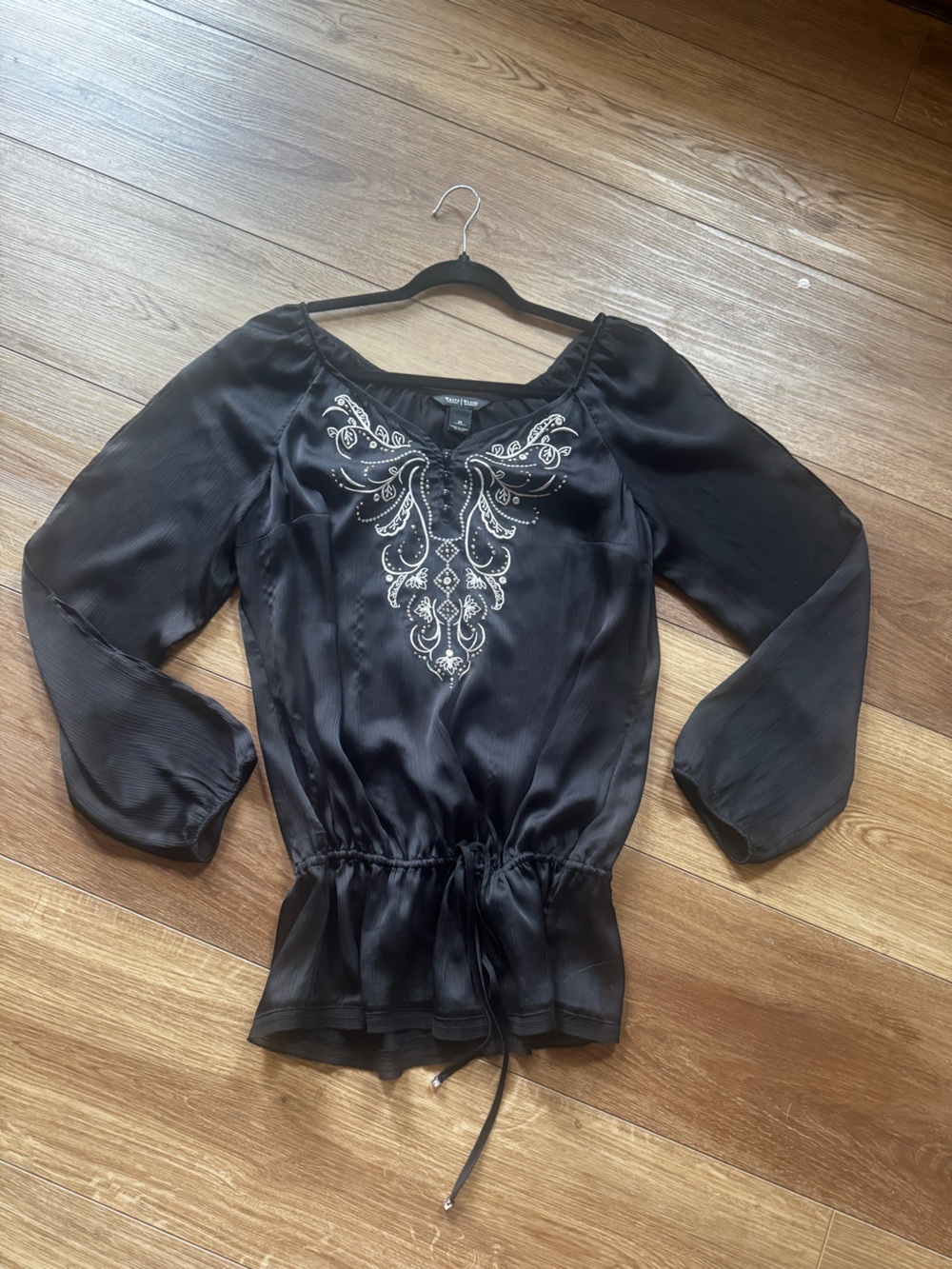 White House Black Market Black Blouse with White Embroidery Detail